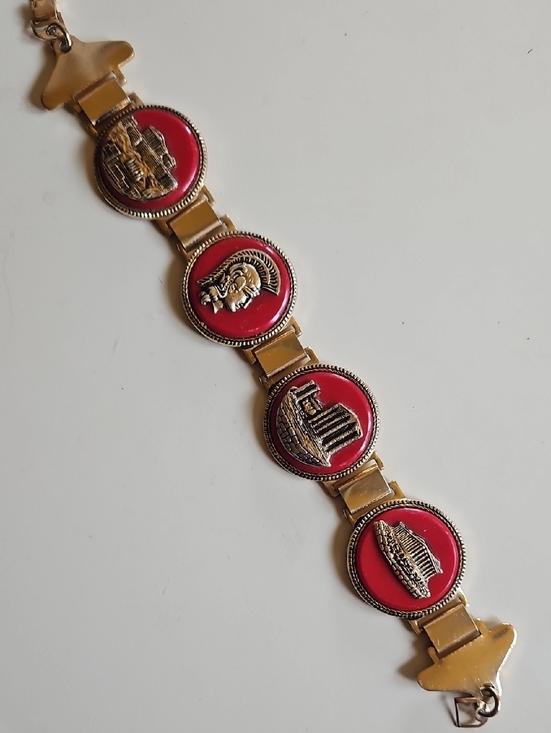 Vintage Jewelry - Gold-Tone Bracelet with Red Medallions and Historical Scenes Greece Rome Vintage